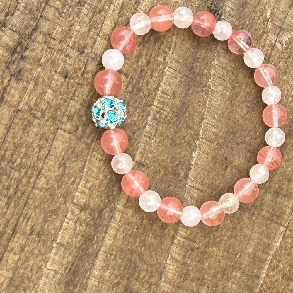 Elegant Cherry and Rose Quartz with Turquoise sparkly Beaded Bracelet